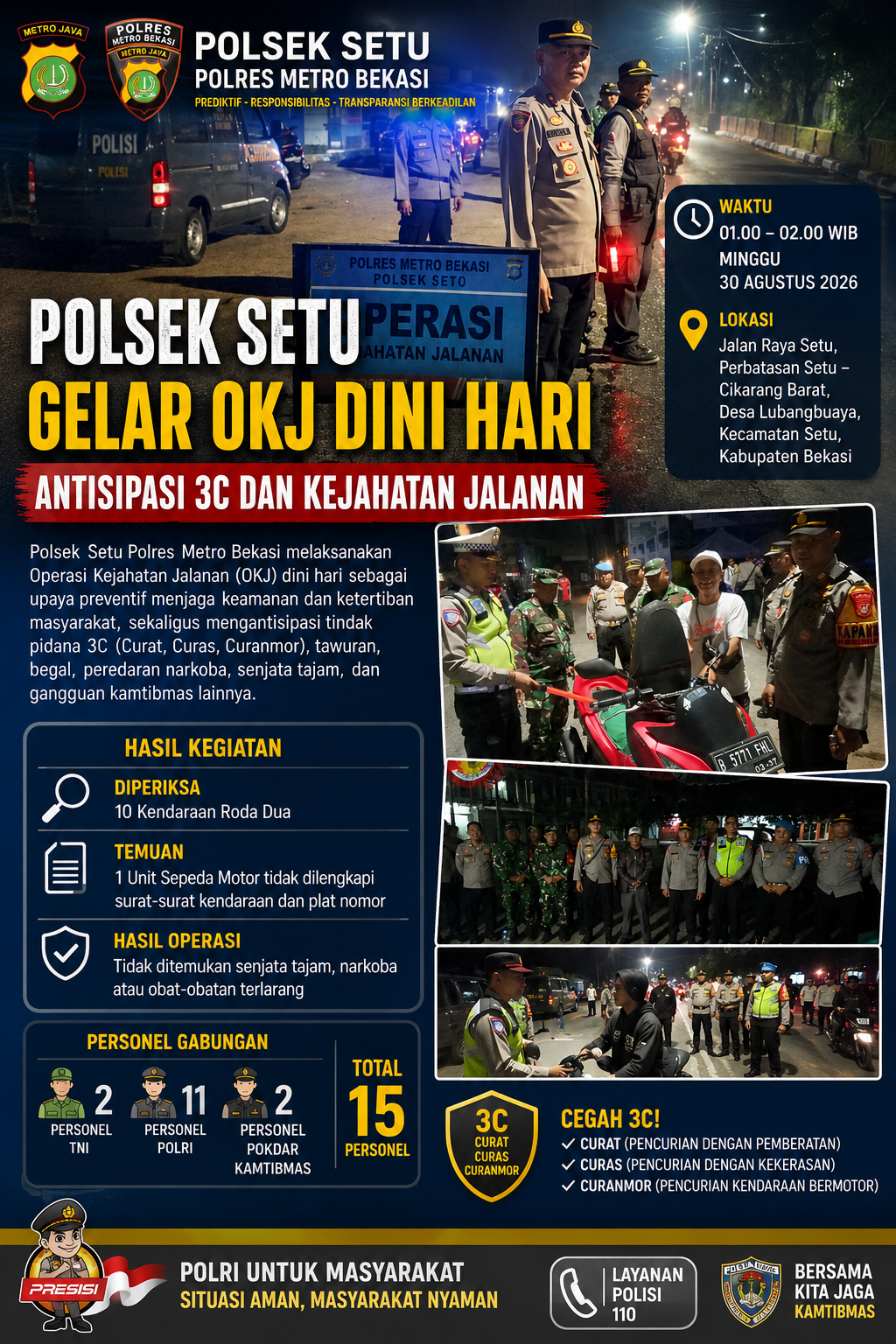Polsek Setu Gelar OKJ Dini Hari, Antisipasi 3C dan Kejahatan Jalanan